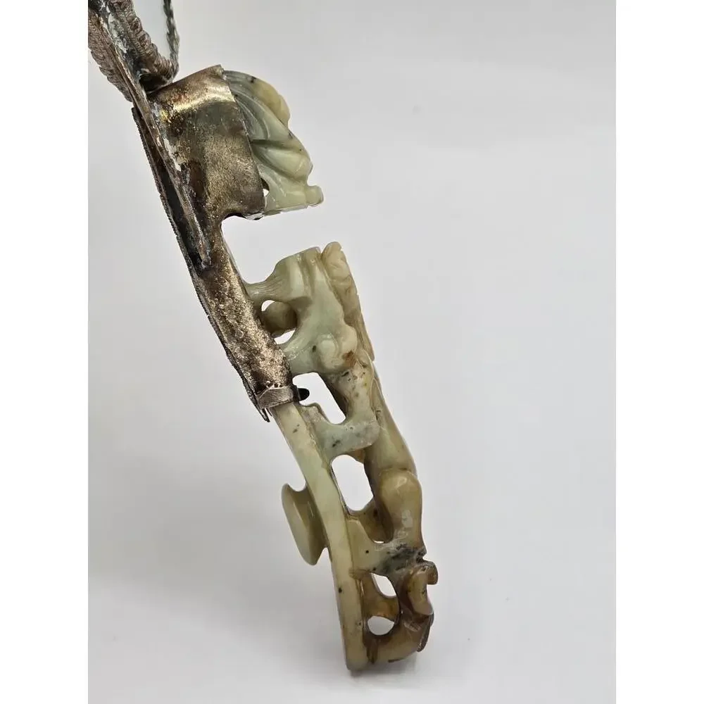 Antique Chinese Silver-plated Hand Mirror with Carved Jade Belt Hook Handle
